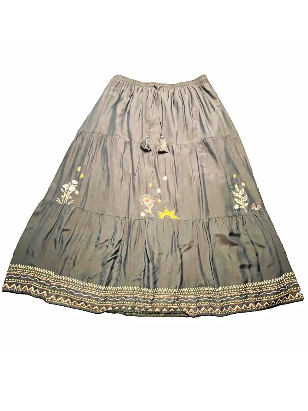 Johnny Was Calme Chocolate Floral Embroidered Silk Blend Peasant Skirt, M